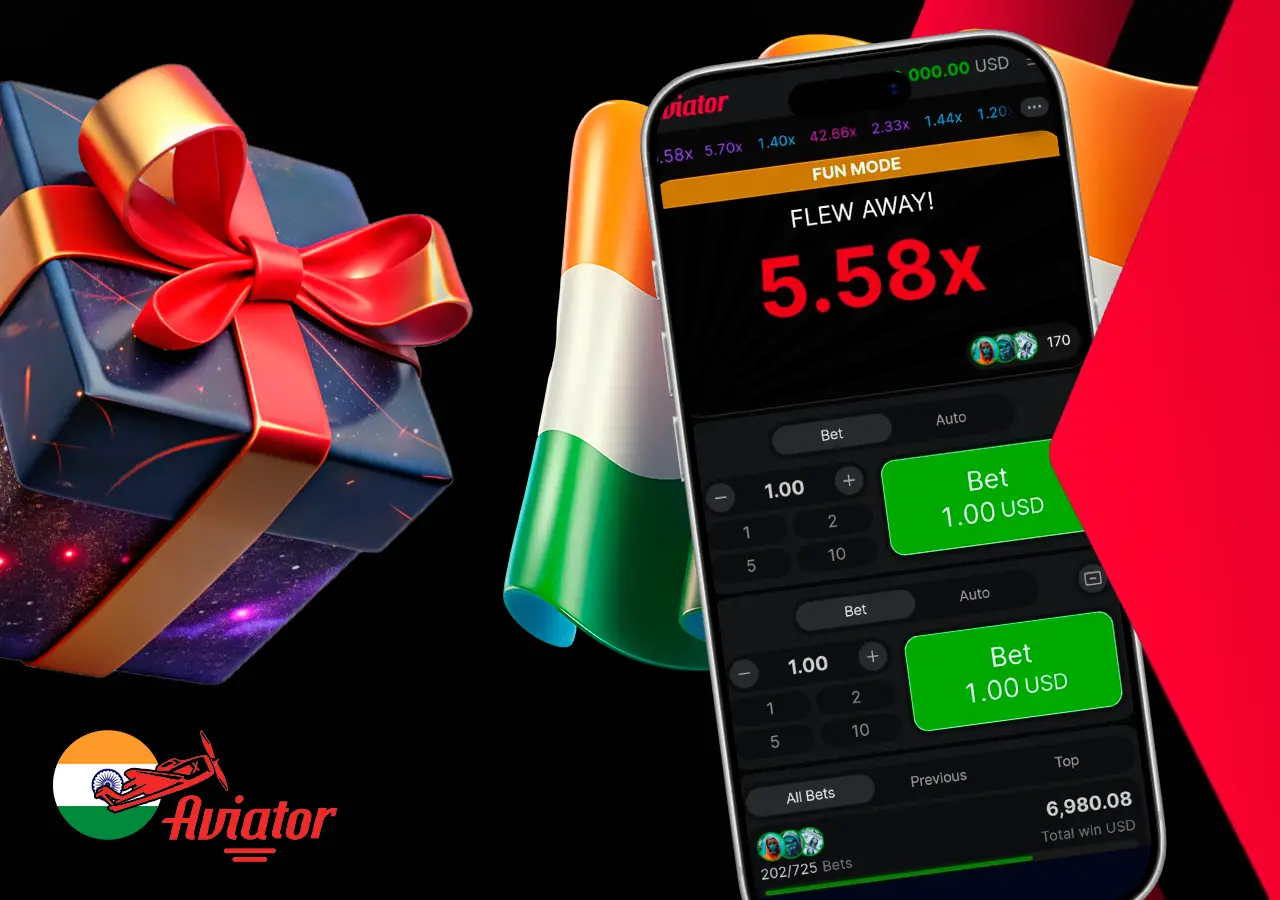 Indian Aviator welcome bonus gift box with wagering terms overlay